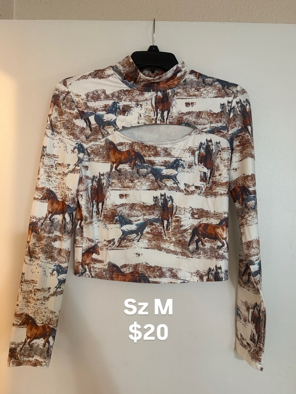 Western Horse Print Mock Neck Cutout Crop Top | Size Medium